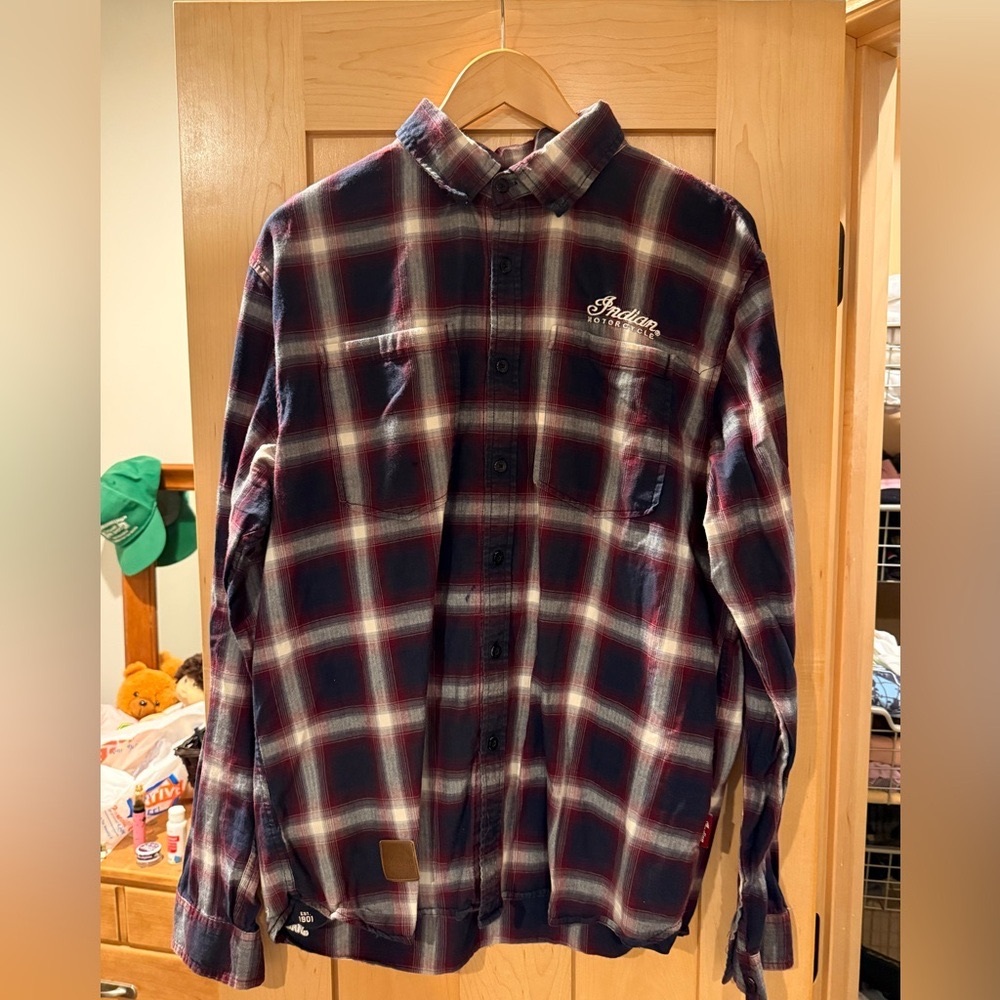 Indian Motorcycle Men's Twin Pocket Plaid Shirt, Navy Sz-M